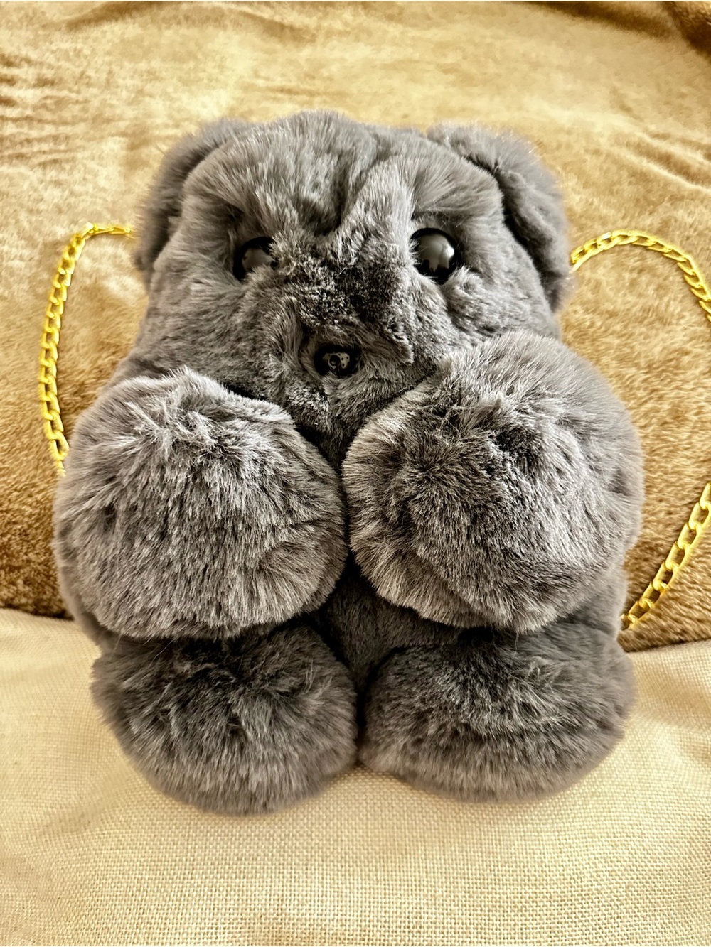 Cute grey bear faux fur crossbody bag featuring a gold chain strap